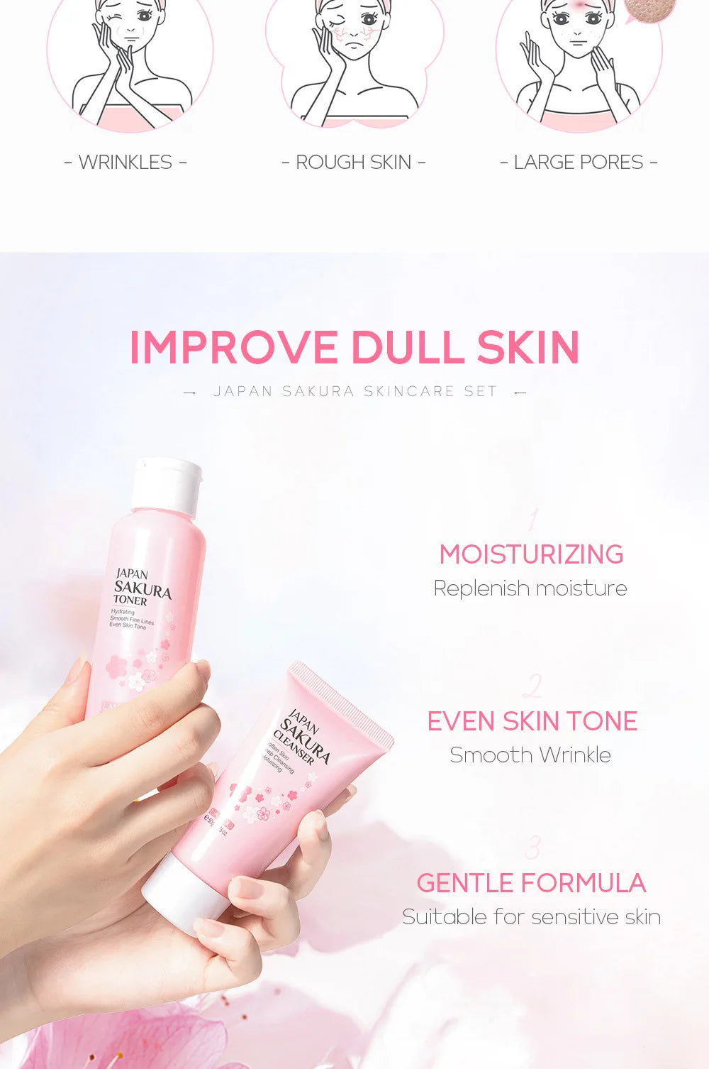 Face Skin Care Set Cleanser Sakura Essence Cream Moisturizing Toner Eye Cream Face Serum Improve Roughness & Dryness Skin Care